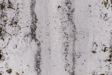 Snowy Trail With Tire Tracks In Quiet Forest Path, Cold Winter Scene In British Columbia