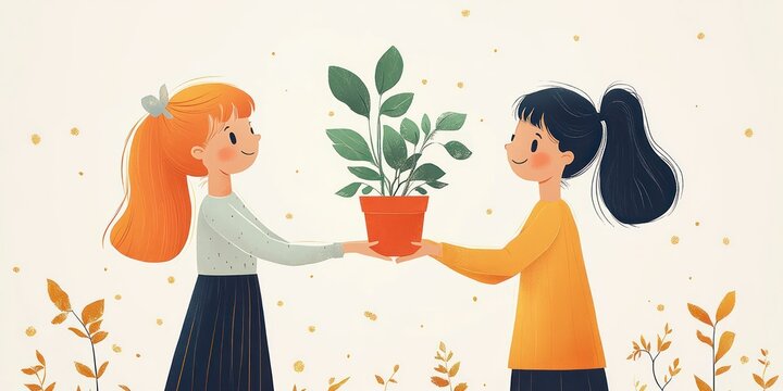 Two smiling girls exchanging a potted green plant with lively leaves surrounded by small golden leaves and dots on a light background