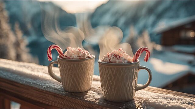 Hot chocolate topped with whipped cream and candy canes sits on a snowy table with a breathtaking mountain backdrop. The image captures a cozy winter vibe. Video made using Generative AI.