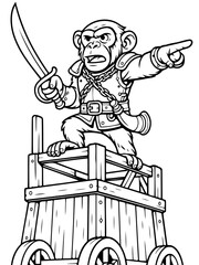 Obraz premium Monkey Commander: An illustrated monkey stands atop a siege tower, sword in hand, pointing to the direction. With a fierce expression, it embodies courage and leadership.