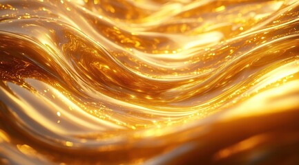 Smooth flowing golden liquid with shimmering highlights and sparkling light reflections creating a sense of warmth and luxury