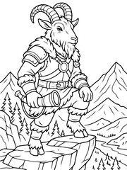 Fototapeta premium Heroic Mountain Goat: A strong, detailed illustration of a majestic mountain goat, standing boldly on a mountain peak, clutching a horn, a true hero of the heights. 