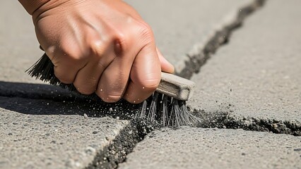 Hand delicately cleaning concrete crack with meticulous brush strokes
