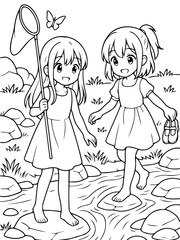 Obraz premium Butterfly Chase by Creek: Two young girls, filled with curiosity and glee, embark on an outdoor adventure, net in hand, chasing after a delicate butterfly beside a tranquil creek.