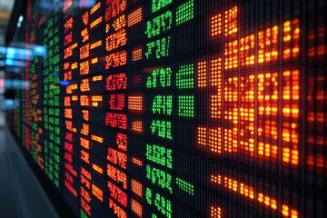 Close-up of glowing red and green LED stock market ticker displaying columns of numbers and symbols, conveying urgency and high-paced trading activity
