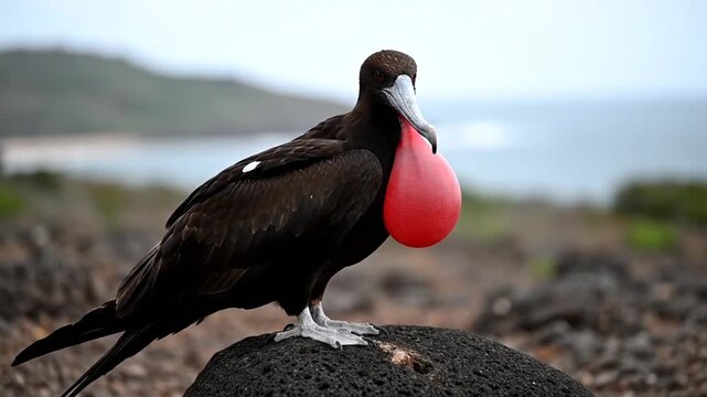 Magnificent Frigatebird displaying vibrant red gular pouch on rocky coast.