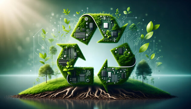 A recycling symbol formed from electronic circuits and plants, representing eco-friendly and sustainable technology