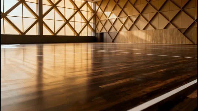 Sunlight streams across a polished wooden gymnasium floor with diamond patterned windows