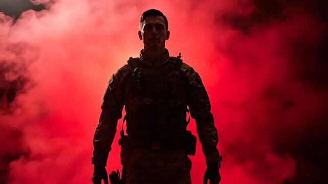 Man in Tactical Gear Walks Through Red Smoke Dramatic Lighting.