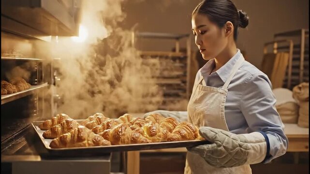 Professional Baker Removes Tray of Golden Croissants from Steaming Oven