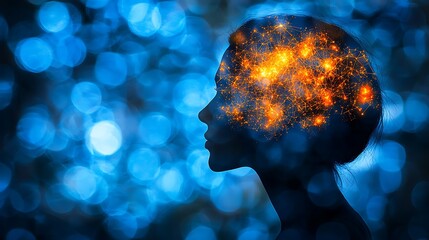 Artificial intelligence brain with glowing neural network inside human head silhouette on abstract blue bokeh background. AI technology and creative thinking concept.