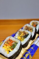 Gimbap (Korean food; seaweed rice) purchased at a supermarket in Tokyo, Japan