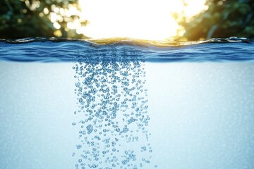 column of bubbles rising through clear blue water toward a sunlit surface framed by blurred green foliage, evoking calm and refreshing serenity