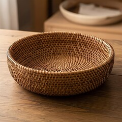 Handwoven rattan basket displaying intricate weaving pattern and textures
