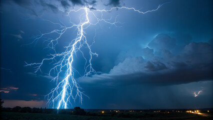 Dramatic bright lightning strike during a severe thunderstorm at night