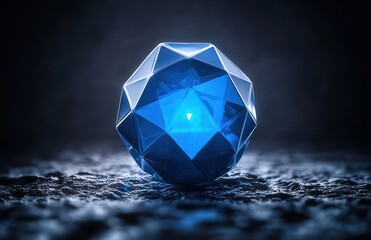 Glowing blue faceted crystal orb resting on a rough stone surface with a mysterious futuristic atmosphere