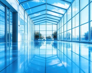 sunlit glass atrium with skylight and floor-to-ceiling windows, reflective tiled floor, distant trees and blue sky, serene airy spacious interior corridor