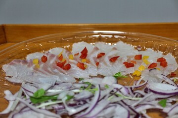 Red sea bream carpaccio purchased at a supermarket in Tokyo, Japan