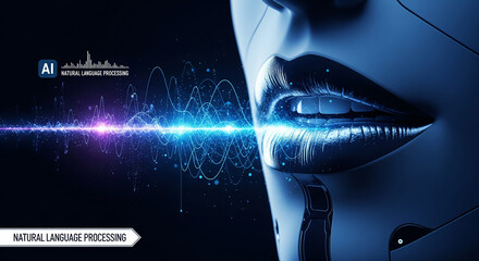 AI Communication Interface: An artistic rendering of a robotic face with gleaming lips and radiant digital waves, a symbol of advanced artificial intelligence and its capacity for communication.