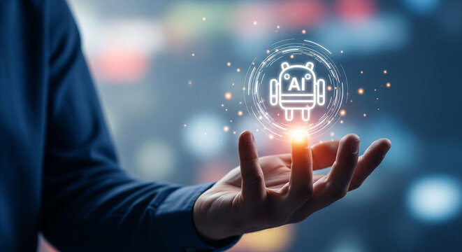 The Vision of Artificial Intelligence: A person's hand tenderly cradles a glowing AI icon, symbolizing the dawn of a new era of technological innovation.
