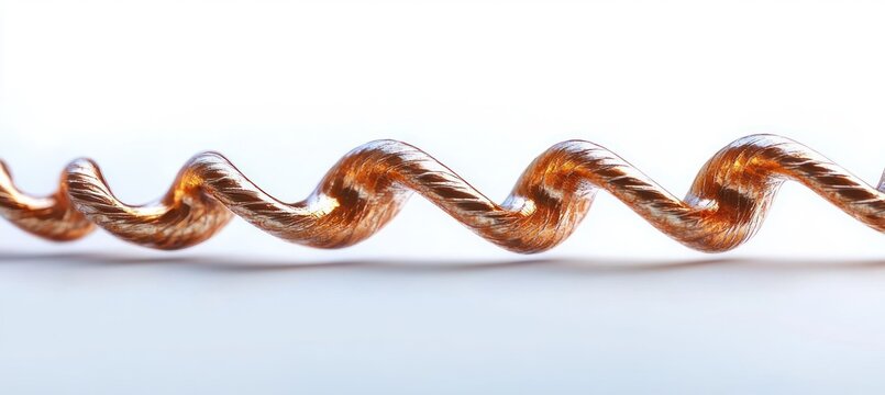 close-up of a twisted copper wire helix on a clean white background, gleaming metallic texture and elegant minimal composition