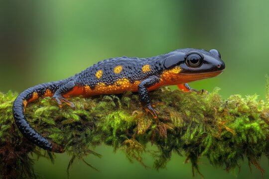 black and orange spotted salamander perched on mossy branch, alert and poised in lush green forest