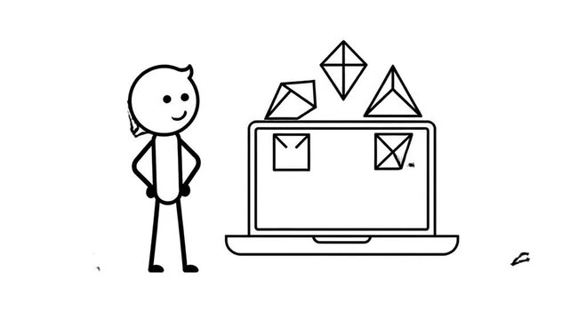 Stickman Character Interacting With Laptop Showing Geometric Shapes Breaking Down Complex Problem Into Simpler Parts Visual Concept