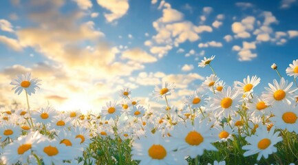 Sunlit field of white daisies with yellow centers in green grass under a blue sky with fluffy clouds, warm golden glow evoking peaceful joyful serenity
