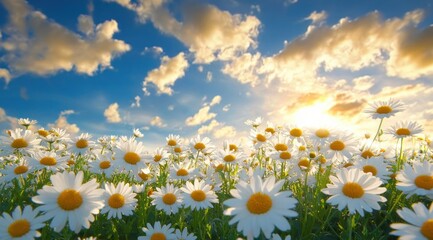 Sunlit field of white daisies and green grass under a blue sky with golden sunrise and fluffy clouds, evoking peaceful joyful serenity