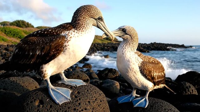 Blue Footed Boobies Bonding on the Galapagos Islands Coastline.