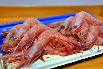 Fresh amaebi (sweet shrimp) purchased at a supermarket in Tokyo, Japan
