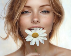 soft close-up portrait of a woman with tousled blonde hair holding a white daisy at her mouth, bare shoulders and neutral background evoking calm delicate serenity