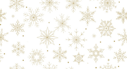Gold snowflake decorative pattern, festive winter texture, white background sparkle, holiday wrapping design, seasonal decor, elegant geometric illustration