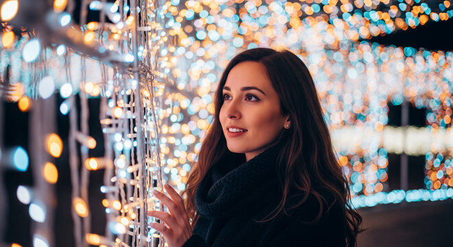 Radiant Reflection: A young woman is illuminated by the warm, inviting glow of festive lights, reflecting on a magical, memorable moment. 