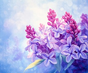 cluster of purple lilac blossoms with pink buds and green leaves against a soft dreamy blue bokeh background conveying serene romantic calm