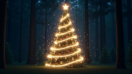 Enchanting Christmas tree adorned with golden lights and ornaments, glowing magically in a dark, atmospheric forest.