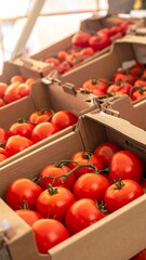 Fresh, vibrant red tomatoes are neatly arranged in a series of cardboard boxes