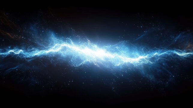 Bright and intense blue lightning electric energy flow crackling in dark space with sparks and glowing particles