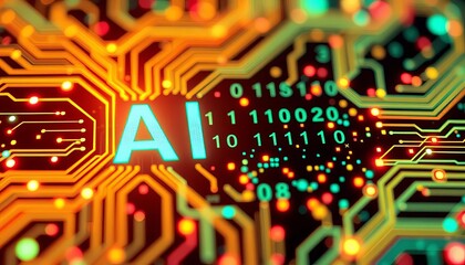 Abstract glowing circuit board with AI binary code,   graphic,  robotics