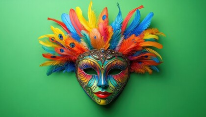 Colorful decorative mask with vibrant feathers in blue, red, orange, and yellow on a green background, evoking festive and celebratory emotions