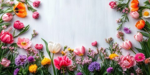 Colorful assortment of fresh spring flowers arranged around a white wooden background creating a vibrant and cheerful border