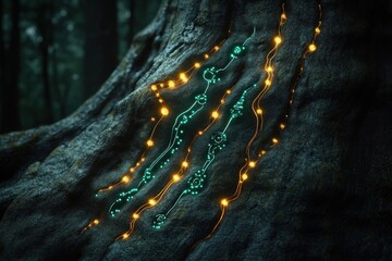 Close-up of a tree trunk with glowing orange and teal bioluminescent lines and dots forming intricate patterns in a dark forest setting