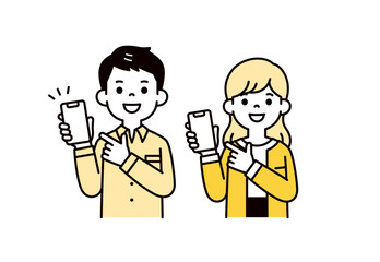 スマートフォンの画面を指差す、20代・30代の男女の上半身ベクターイラスト素材セット
