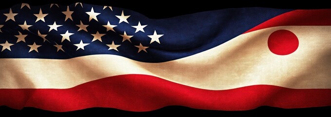 Waving fabric combining elements of two horizontal flags with blue field and white stars and a circle on a tricolor background creating a textured fusion design