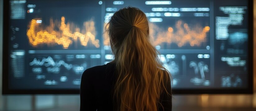 Person with long hair looking at multiple large digital screens displaying dynamic graphs and data charts in a dimly lit modern workspace - Powered by Adobe