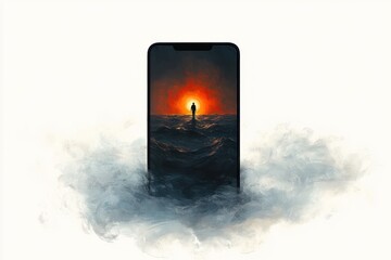 A person silhouetted against a fiery red sun standing on waves inside a large smartphone surrounded by mist or smoke on a white background