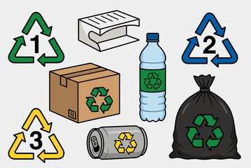 An illustration showing various recyclable items like plastic bottles, cardboard, paper, and aluminum cans, alongside numbered recycling symbols.