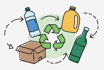 Illustration of a green recycling symbol surrounded by common recyclable items like plastic bottles, a glass bottle, and a cardboard box, with arrows indicating the circular process.