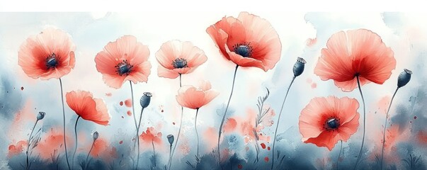 Delicate coral pink poppies with dark centers gently swaying on thin stems against a soft blue and white watercolor background, evoking calm and beauty