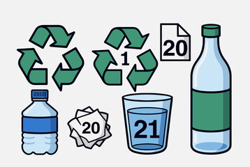 Illustration showing various items with recycling symbols and codes for different materials like plastic, paper, and glass.